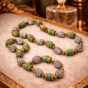 J.CREW STATEMENT NECKLACE PAVÉ CRYSTAL RESIN BEADS GOLD TONE